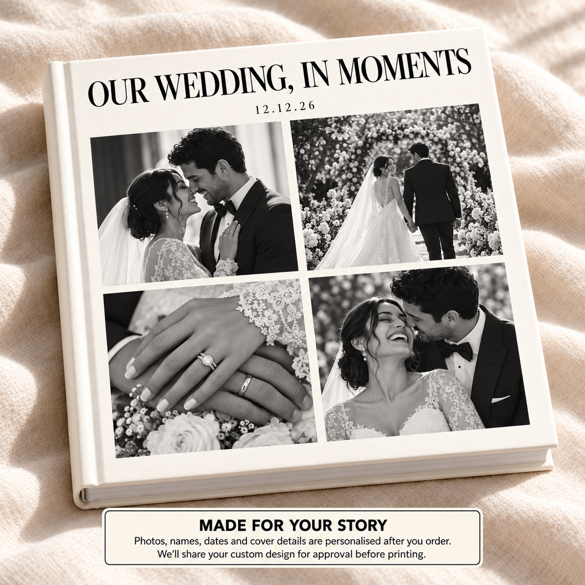 Our Wedding In Moments — personalised wedding photo book cover