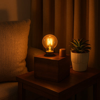 Wooden Cube Table Night Lamp With Dimmer