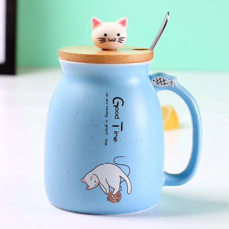 Cat Milk Mug With Lid and Spoon Coffee Mugs Coral Tree Blue  