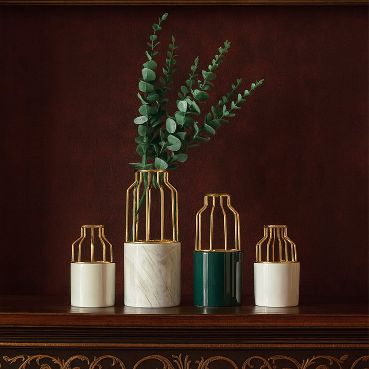Cylindrical Vase With Gold Metal Cage