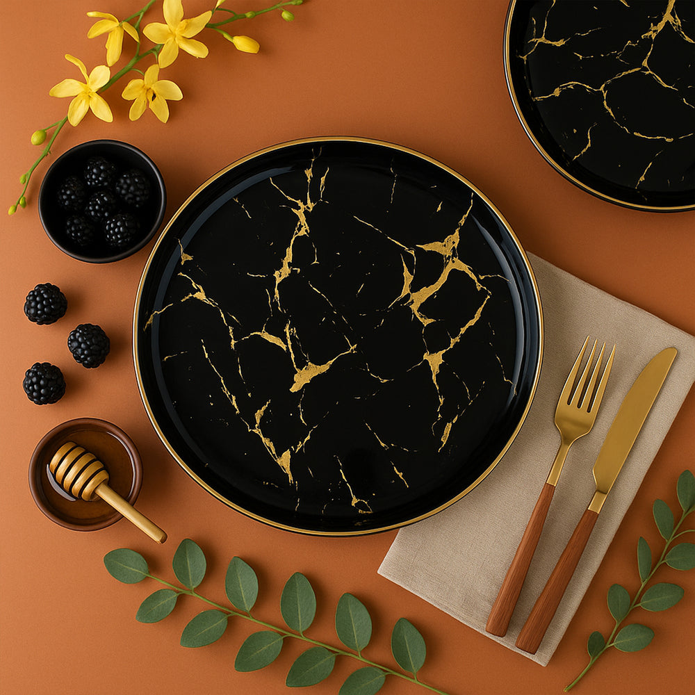 Gold On Black Marble Pattern Dinner Plate — 9-Inch
