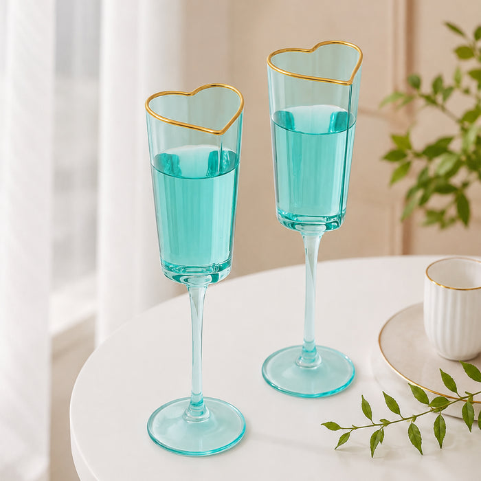 Gold Rimmed Turquoise Heart Champagne Flute Stemware