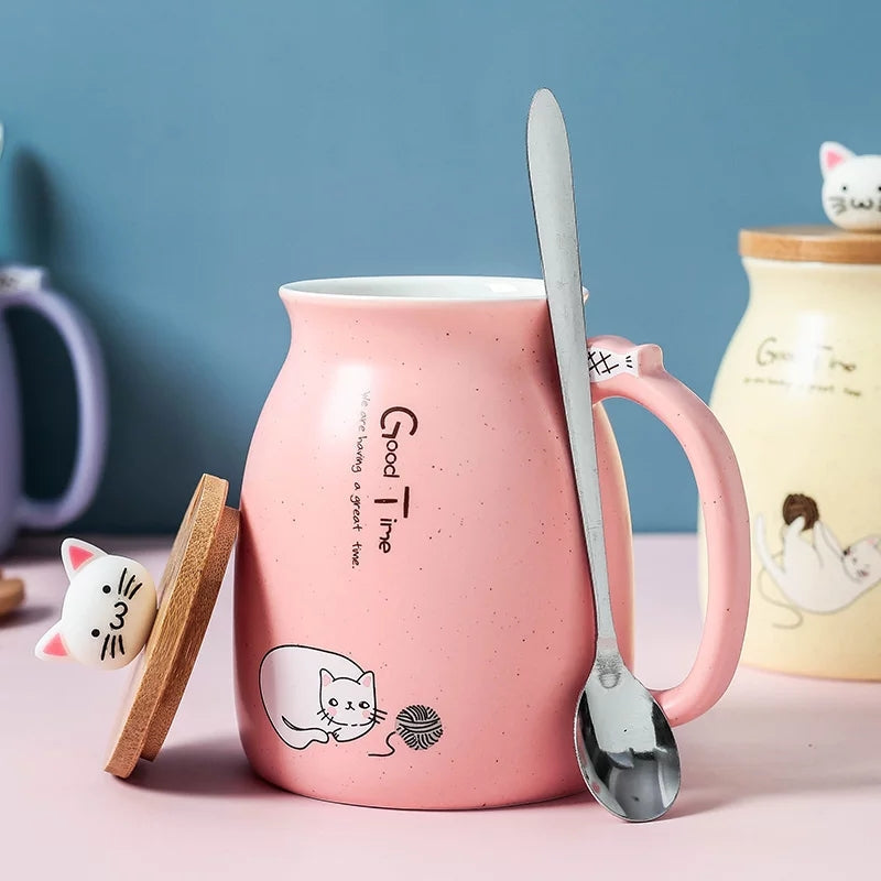 Cat Milk Mug With Lid and Spoon Coffee Mugs Coral Tree Pink  