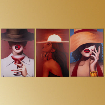 Poised Lady In Hat Canvas Painting (Set of 3) Canvas Painting June Trading   