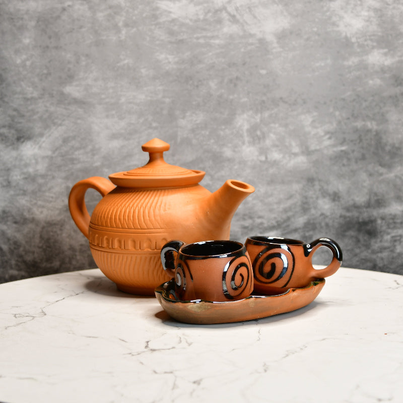 Terracotta Unglazed Kettle & Cup Plate Set