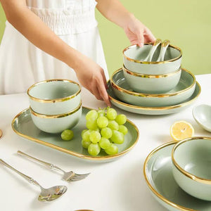 Nordic Sage Gold Rimmed Rice Plate Pasta Bowl June Trading   