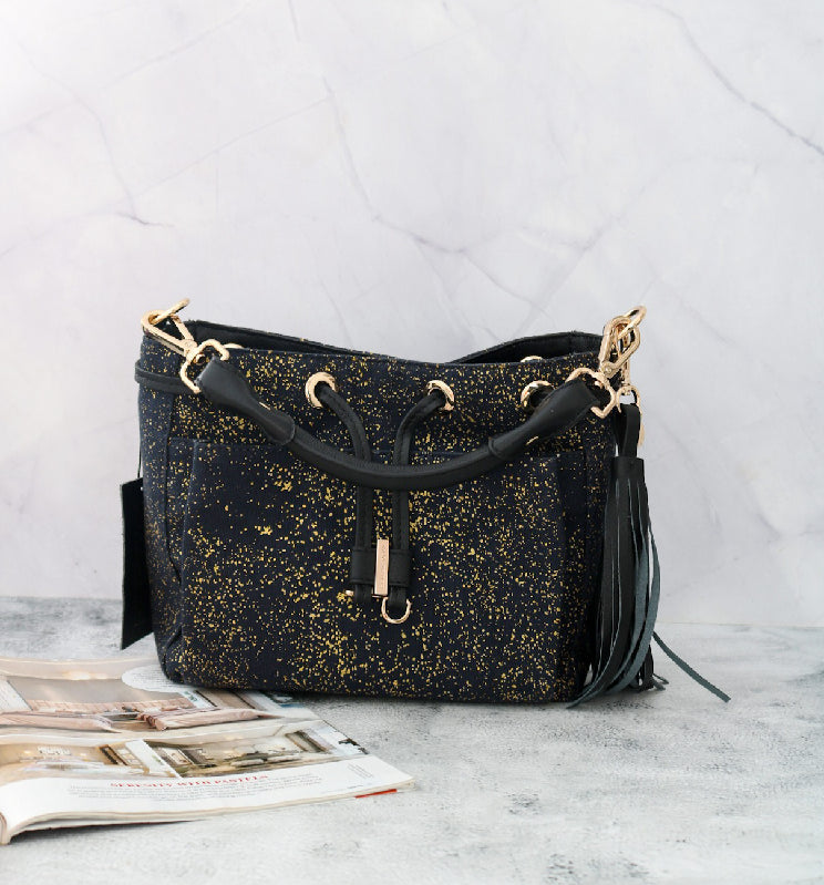 The Diva in You-Sling Bag Women Sling Bag Pipa Box Navy with Gold Spray Print  