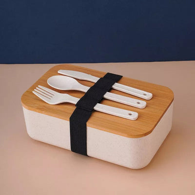 Wheat Straw Lunch Box with Wooden Lid & Cutlery Set Lunch Boxes June Trading Frosted White  