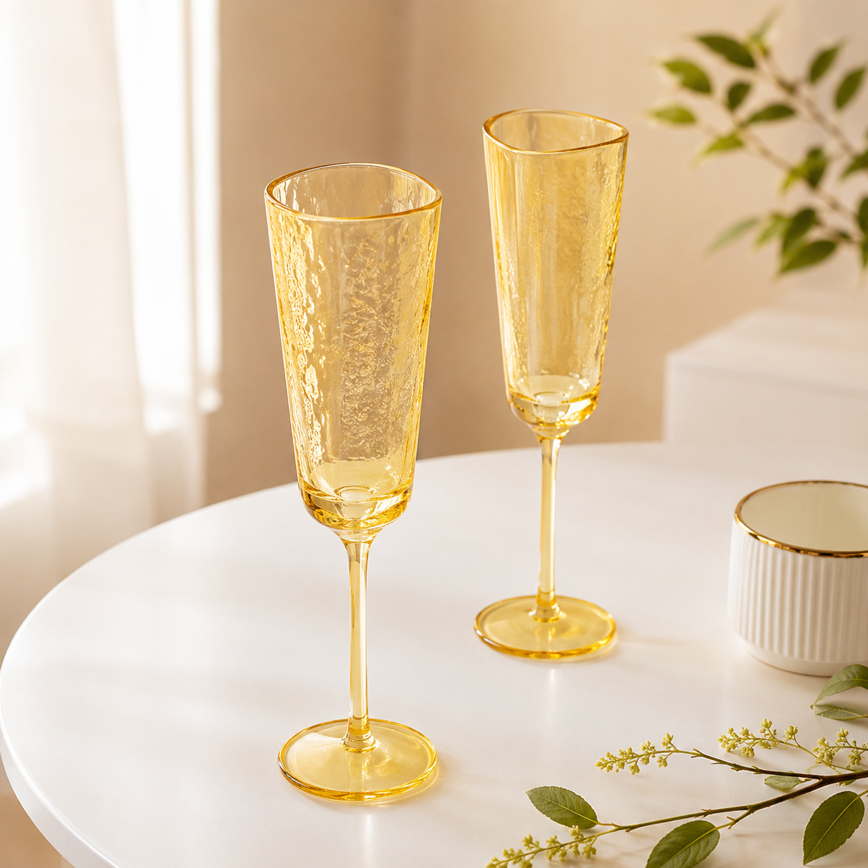 Amber Champagne Flute Stemware, Hammered Style