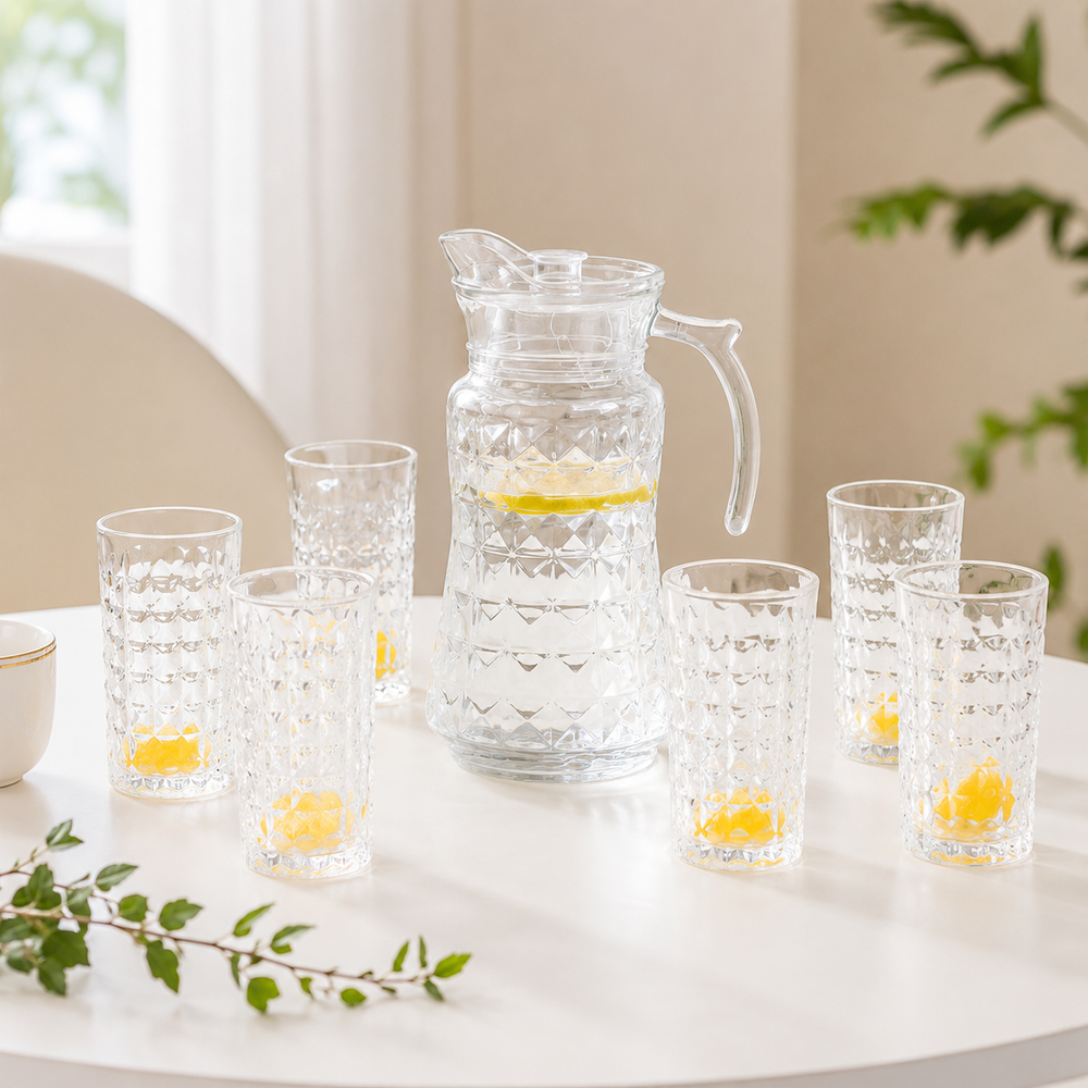 Refined Cut Glass Jug With 6 Pc Tumbler
