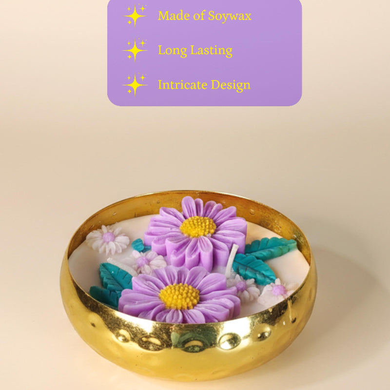 Large Soywax Candle In Metal Pot Two Flower With Petals Yellow Centre Flower