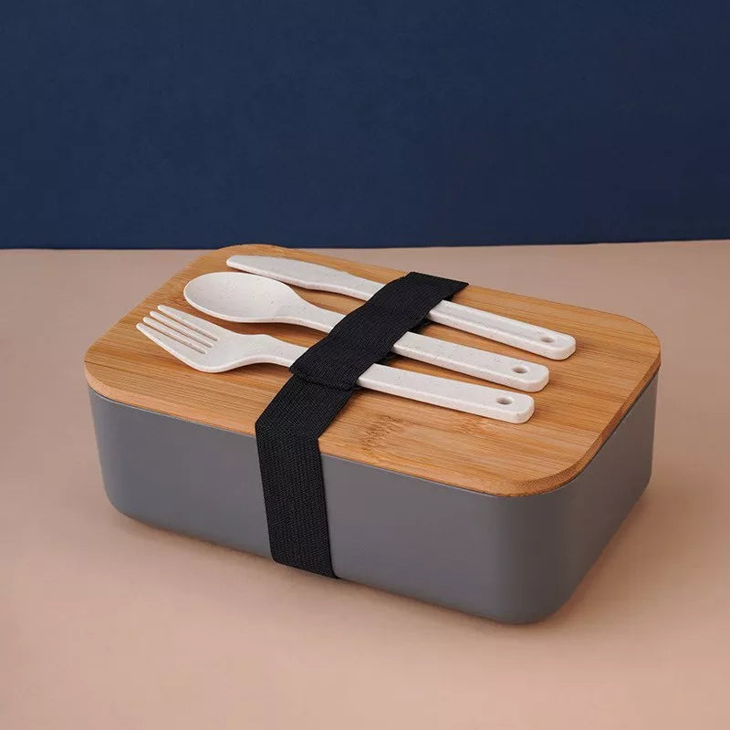 Wheat Straw Lunch Box with Wooden Lid & Cutlery Set Lunch Boxes June Trading Stone Grey  