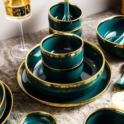 Midnight Green Gold Rimmed Rice Plate Pasta Bowl June Trading   
