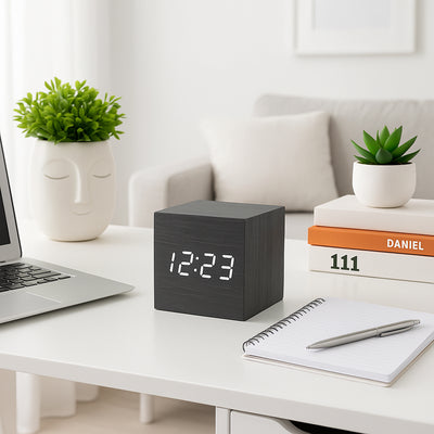 Wooden Texture Cube Alarm Clock With Temperature Display