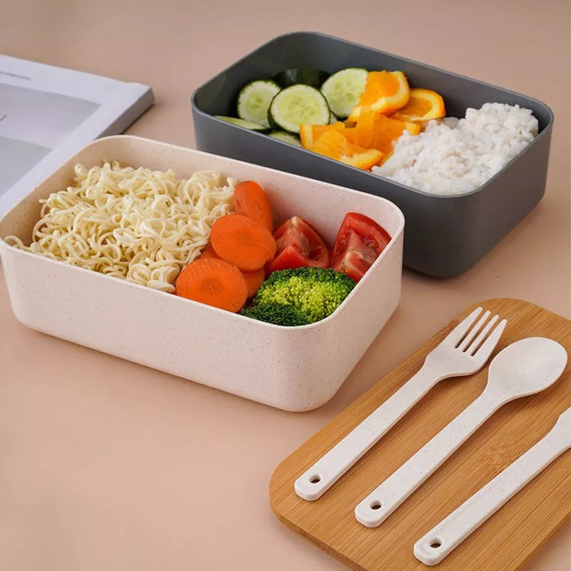 Wheat Straw Lunch Box with Wooden Lid & Cutlery Set Lunch Boxes June Trading   