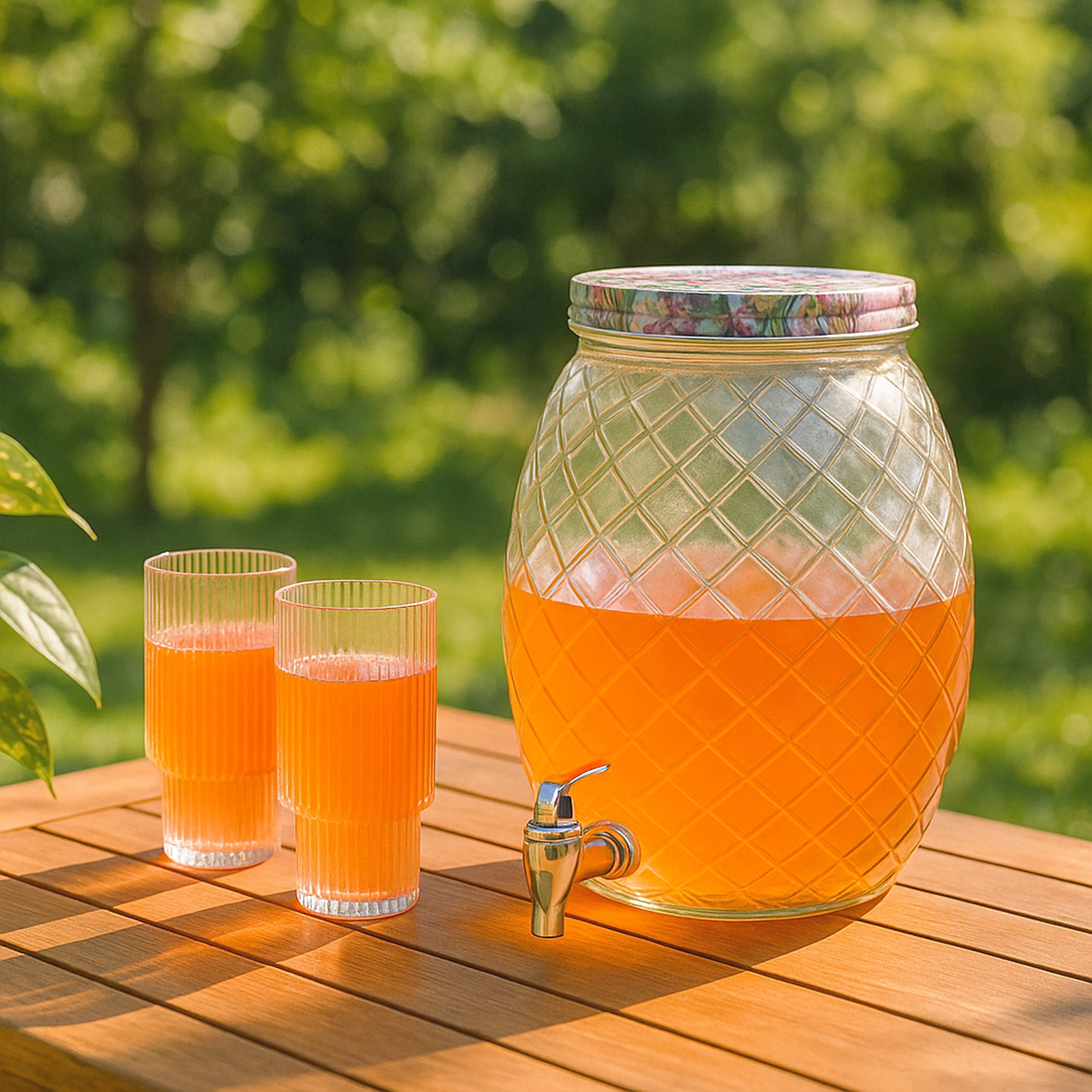 Floral Diamond-Cut Glass Drink Dispenser