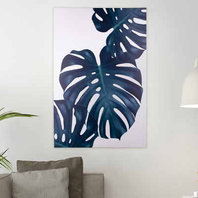 Blue Abstract Monstera Leaves Canvas Painting Canvas Painting June Trading   