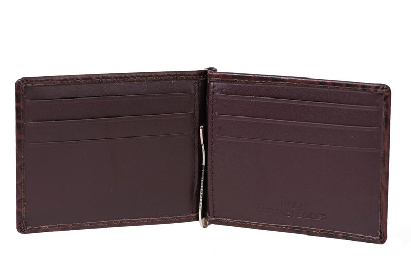 Leather Money Clip Wallet - Croco Brown Money Clip Portlee   
