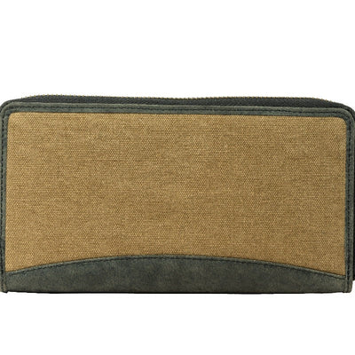 Genuine Leather Canvas Women's Long Wallet, Bottle Green Palm Wallet Portlee   