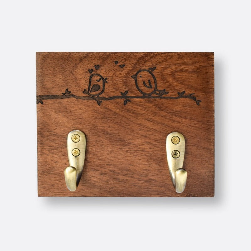 Cute Bird Pair Key Holder with Antique Brass Hooks Key Holders Brick Brown   