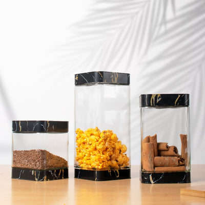 Prima Black Marble Glass Jar Set Of 3 Food Storage Containers The June Shop   