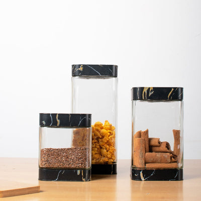 Prima Black Marble Glass Jar Set Of 3 Food Storage Containers The June Shop   