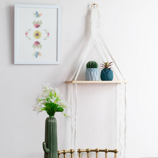 Pine Wood Macrame Wall Hanging Shelf With Fairy Lights Macrame June Trading   