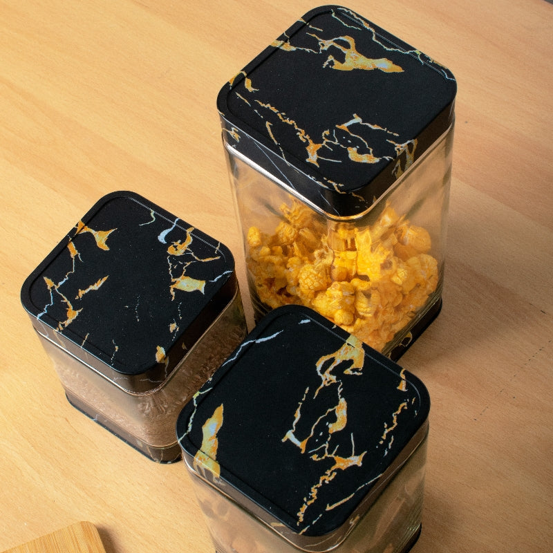 Prima Black Marble Glass Jar Set Of 3 Food Storage Containers The June Shop   