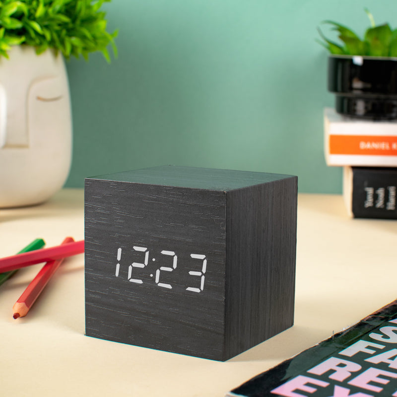Wooden Texture Cube Alarm Clock With Temperature Display Table Clocks June Trading   
