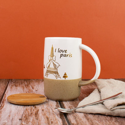 Paris Love Dual Tone Ceramic Coffee Mug With Lid & Spoon Coffee Mugs June Trading I Love Paris - White  