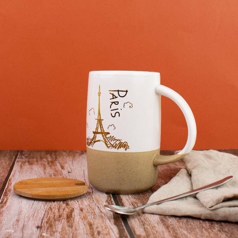 Paris Love Dual Tone Ceramic Coffee Mug With Lid & Spoon Coffee Mugs June Trading Paris - White  