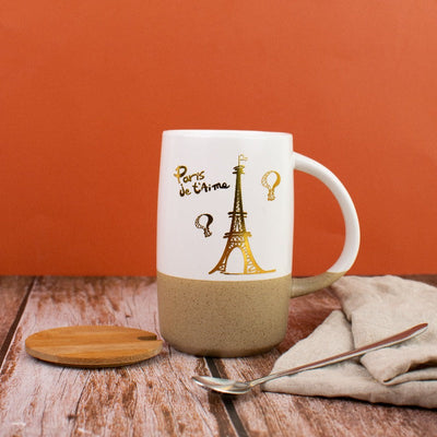 Paris Love Dual Tone Ceramic Coffee Mug With Lid & Spoon Coffee Mugs June Trading Paris Je T'aime - White  