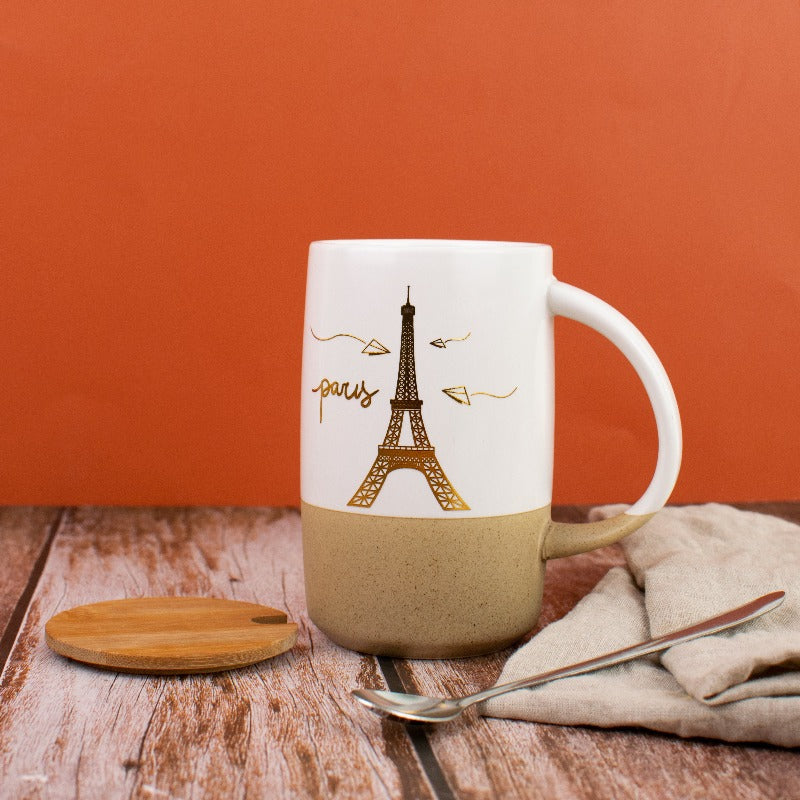 Paris Love Dual Tone Ceramic Coffee Mug With Lid & Spoon Coffee Mugs June Trading Paris Tower - White  