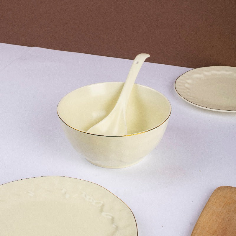 Merak Gold Rim Serving Bowl | Soft White