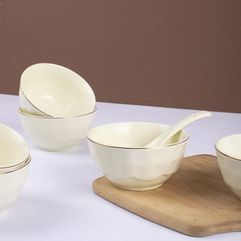 Merak Gold Rim Soup Bowl | Soft White Bowls The June Shop   