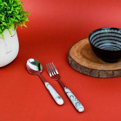 Spoon & Fork Set - White & Black Marble Tone Cutlery June Trading Spoon & Fork Set  
