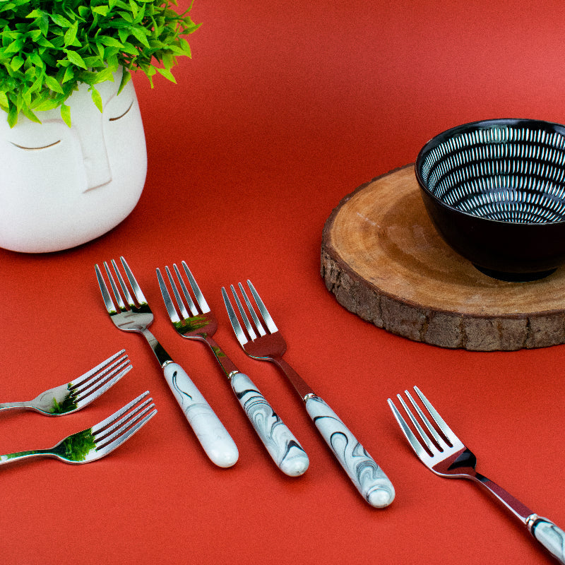 Spoon & Fork Set - White & Black Marble Tone Cutlery June Trading Set of 6 Fork  