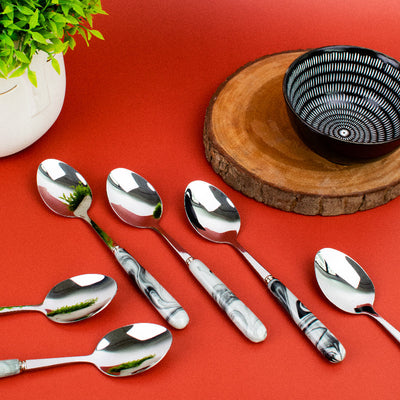 Spoon & Fork Set - White & Black Marble Tone Cutlery June Trading Set of 6 Spoon  