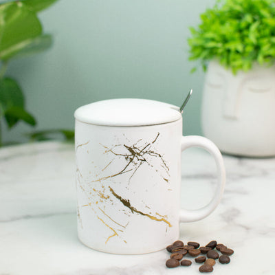 Gold Marble Print Ceramic Mug With Lid Coffee Mugs June Trading   