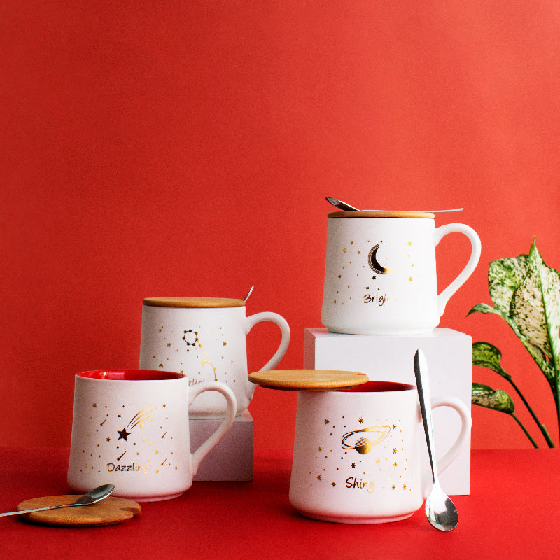Starry Night - Red, White & Gold Ceramic Mug WIth Wooden Lid & Spoon Coffee Mugs June Trading   