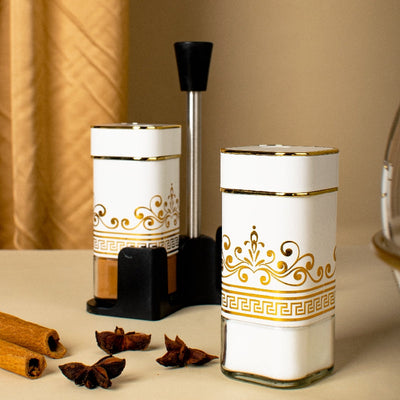 Aureate On Ivory Salt & Pepper Shaker Set & Stand Seasoning Containers The June Shop   