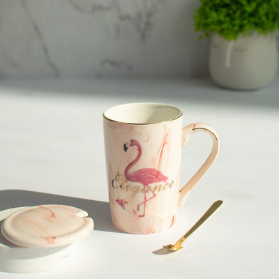 Marble Flamingo Ceramic Mug With Lid & Spoon Coffee Mugs June Trading Coral Pink  