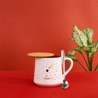Starry Night - Red, White & Gold Ceramic Mug WIth Wooden Lid & Spoon Coffee Mugs June Trading Dazzling  