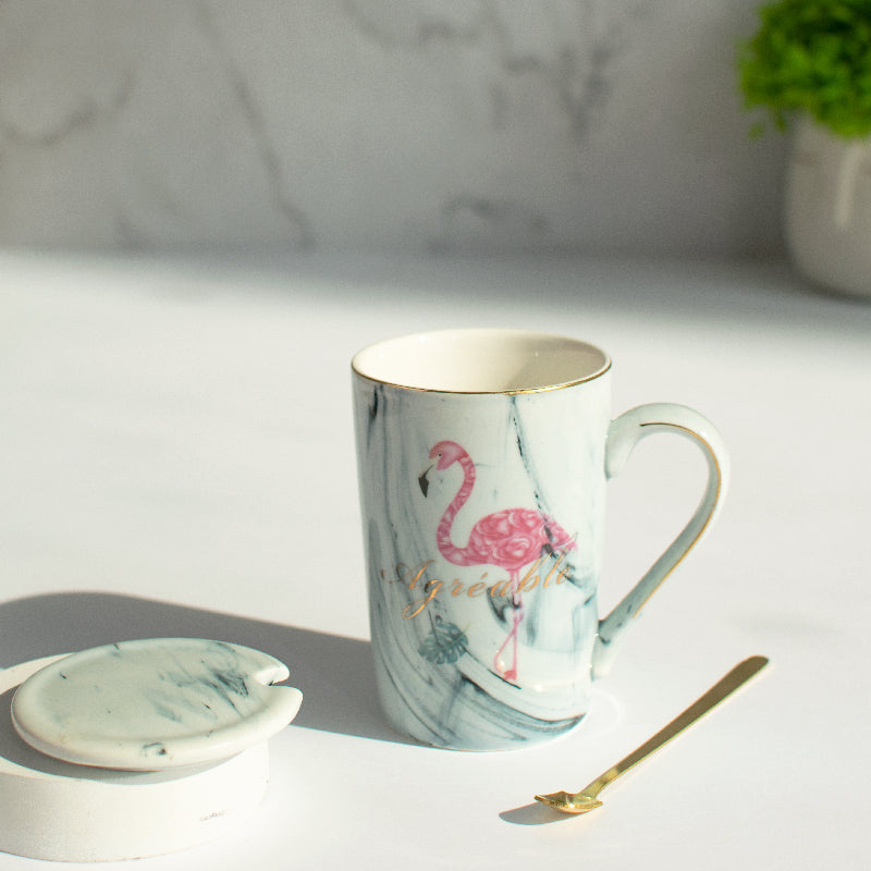 Marble Flamingo Ceramic Mug With Lid & Spoon Coffee Mugs June Trading Cerulean Blue  