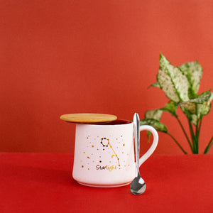 Starry Night - Red, White & Gold Ceramic Mug WIth Wooden Lid & Spoon Coffee Mugs June Trading Starlight  