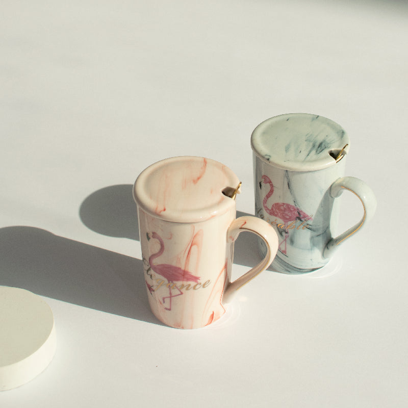 Marble Flamingo Ceramic Mug With Lid & Spoon Coffee Mugs June Trading   