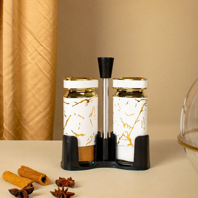 Ivory Elegante Salt & Pepper Shaker Set & Stand Seasoning Containers The June Shop   