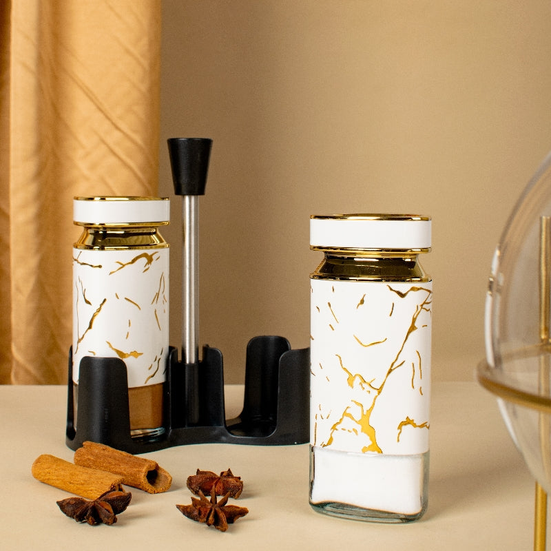 Ivory Elegante Salt & Pepper Shaker Set & Stand Seasoning Containers The June Shop   