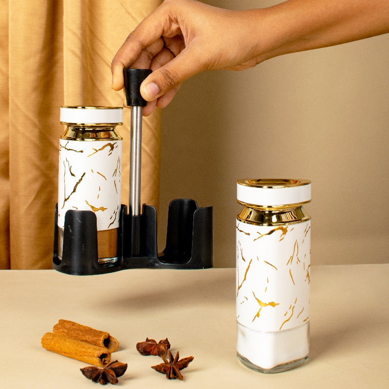 Ivory Elegante Salt & Pepper Shaker Set & Stand Seasoning Containers The June Shop   