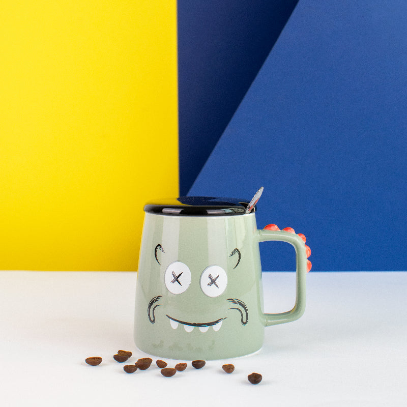 Quirky Dino Mug With Lid Coffee Mugs June Trading Lime Grey  